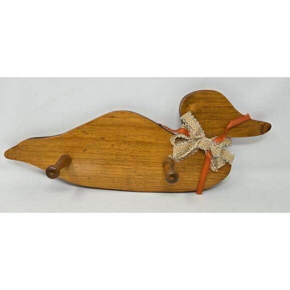 Duck‎ Wood Coat Hat Hangar Mallard Duck Ribbon Bow 2 Peg Hook 17" x 7" Homemade - Picture 1 of 16